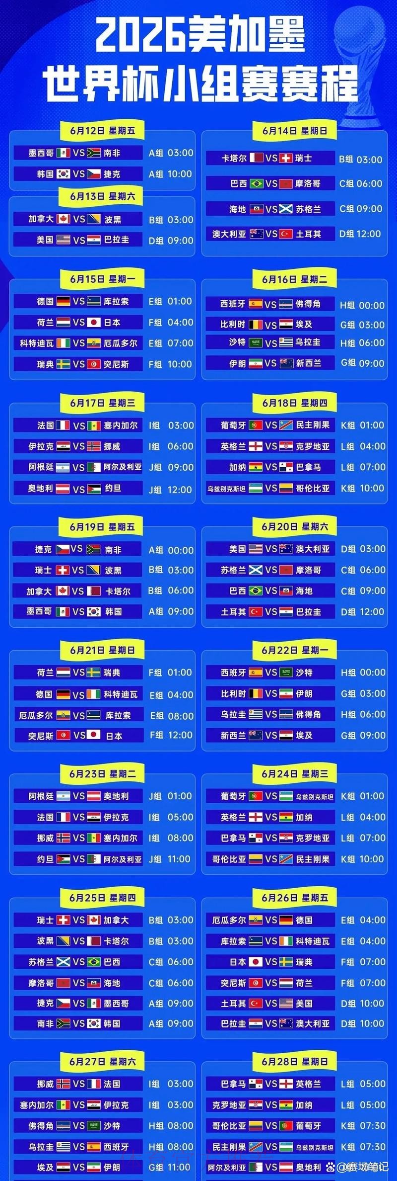2026世界杯决赛比赛时间安排